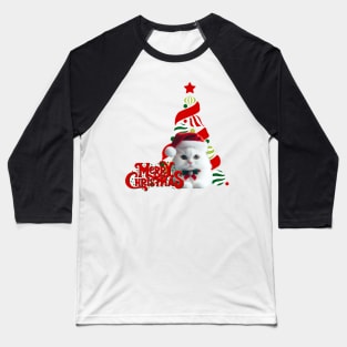 Cute White Cat in Santa Hat with Christmas Tree ,Brafdesign Baseball T-Shirt